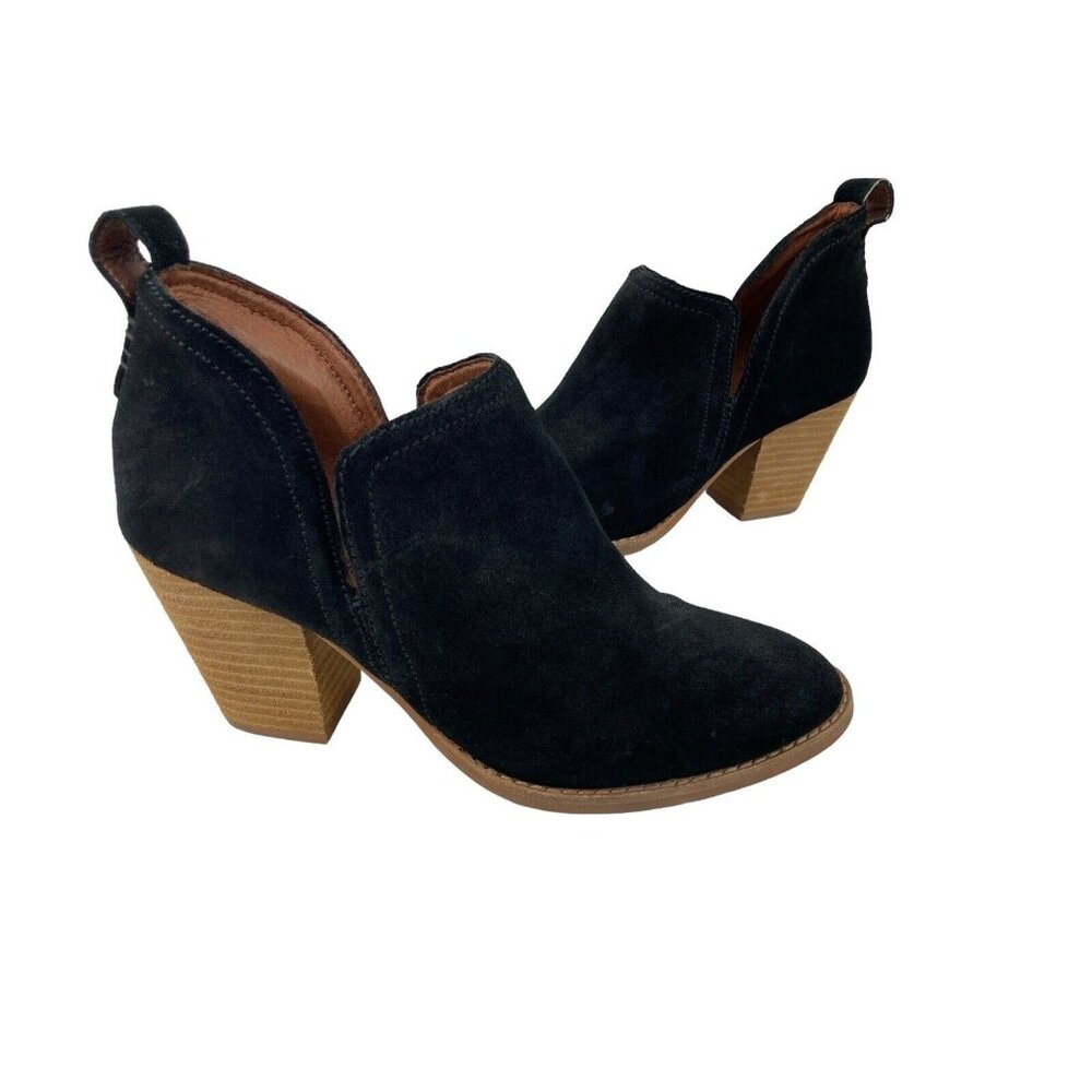 Jeffrey Campbell Black Suede Cutout Ankle Booties with Tan Stacked Heel